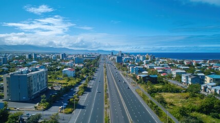 Fototapeta premium Aerial view of a coastal city with a long highway running through it, under a bright blue sky.