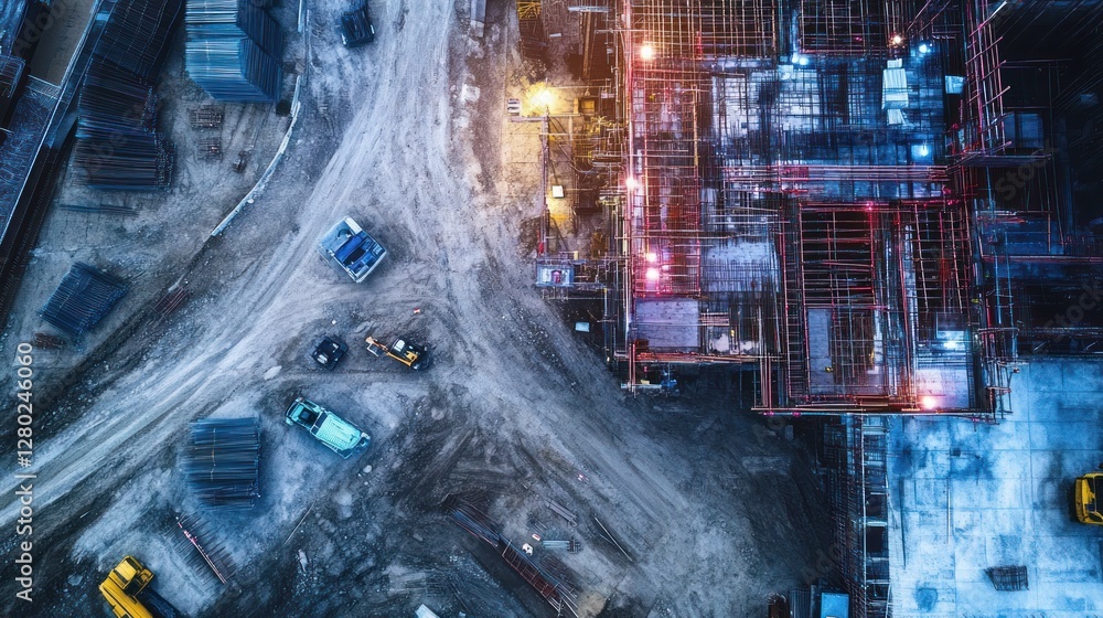 Aufkleber aerial view of a construction site at night, showing machinery and building structures under constru