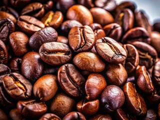 Naklejka premium Rich, dark roast coffee beans dramatically lit against a stark white backdrop.