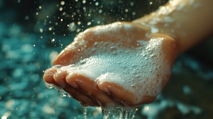 Fototapeta premium Close-up of a Hand Holding Water with Bubbles