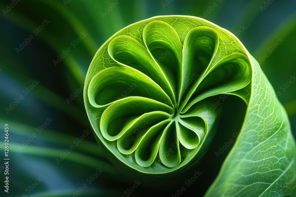 Poster intricate green leaf unfurls in a mesmerizing spiral pattern, showcasing nature's elegant design.