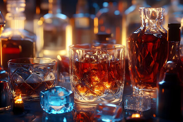 Elegant Whiskey Still Life with Glassware and Atmospheric Lighting