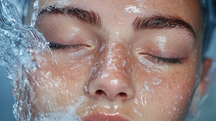 Fototapeta premium Close-up of a Woman's Face with Water Splashing, Showing Fresh and Clean Skin