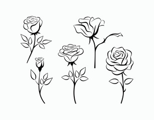 Simple Rose Flower Silhouettes Vector Template