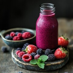 Rustic Berry Smoothie in Mini Bottle with Breakfast Bowl