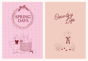 Spring posters set. Easter invitation card template. Countryside line art illustration.Editable vector illustration.