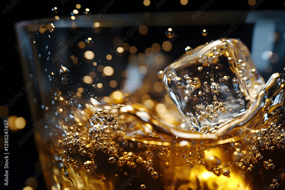 Aufkleber captivating close-up of an ice cube splashing into a golden beverage creating a refreshing visual