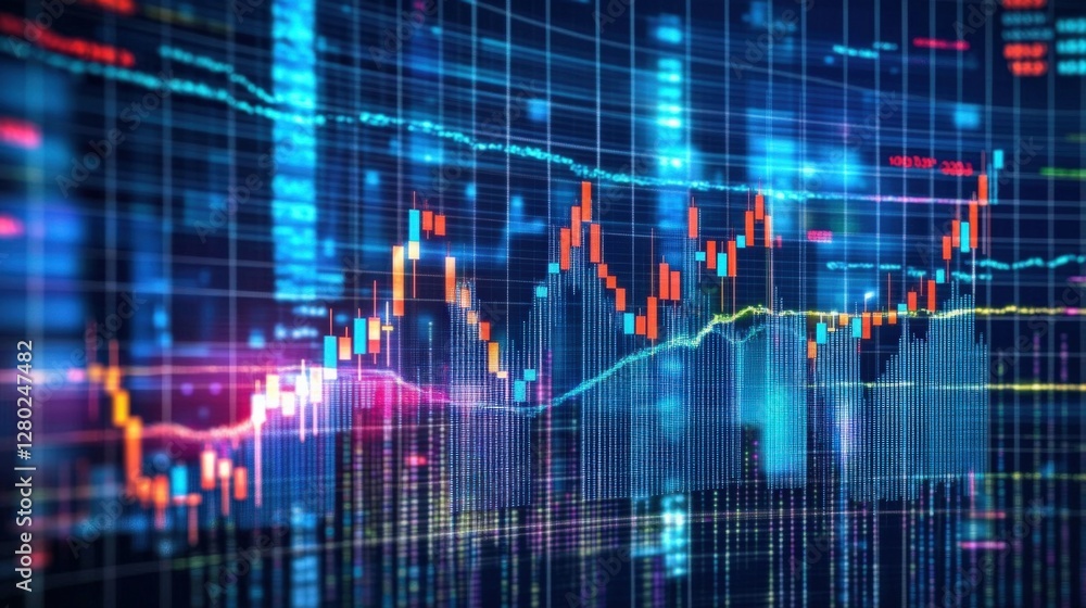 Poster abstract representation of financial market data with colorful graphs and digital elements