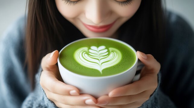 Woman enjoying matcha latte art indoors
