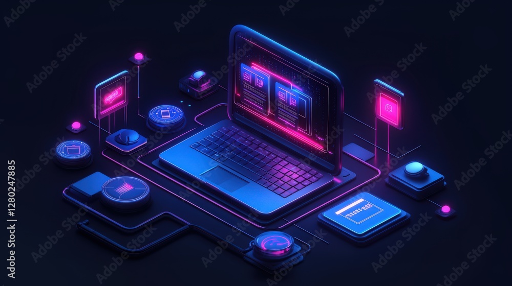 Wall mural futuristic laptop with glowing digital interface features innovative cyber network connections. digi
