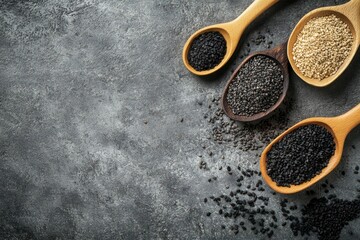 Sesame seeds, black cumin, and spices on a gray background with copy space for your text or product.