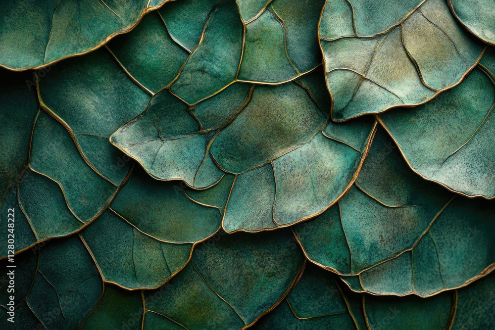 Poster intricate teal leaves with gold veining create a lush, textured pattern.