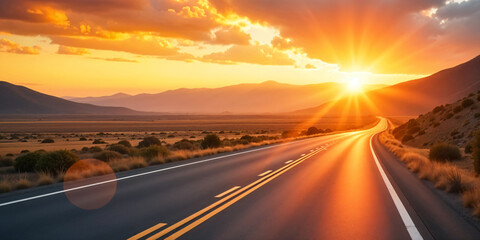 A scenic view of a long road surrounded by mountains and desert landscape under a clear blue sky.