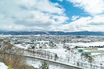 Obraz premium Snowy Valley Landscape with Distant Mountains, Fluffy Clouds, and Sparse Trees