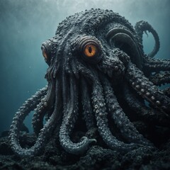 A wise, timeworn kraken slowly emerging from the abyss, its deep-set eyes glowing against a clear misty backdrop.
