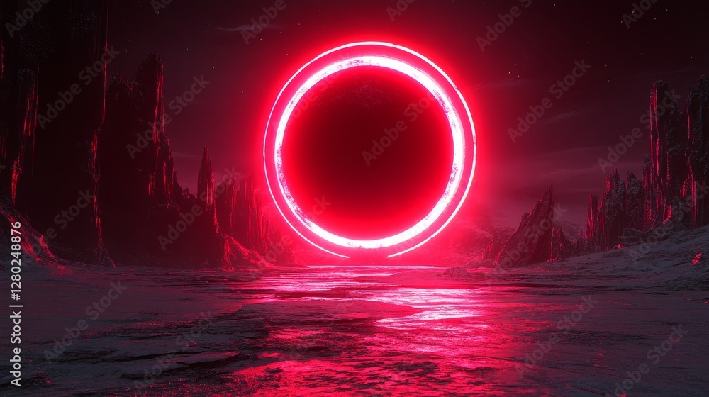 Poster neon portal reflecting on water in a mysterious landscape showcasing futuristic elements and captiva