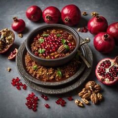 A beautifully arranged traditional Persian pomegranate and walnut stew (Fesenjan), artfully plated on a clear background.