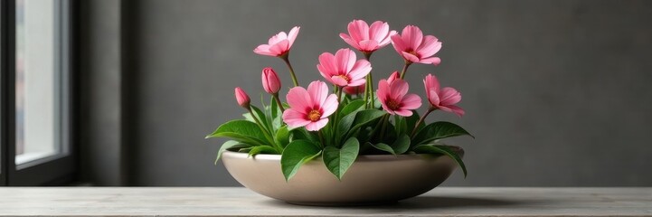 Obraz premium Elegant pink eustoma arrangement in a sleek metal planter , eustoma, metal planter