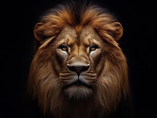 Fototapeta premium The majestic lion exhibits a powerful portrait on black background