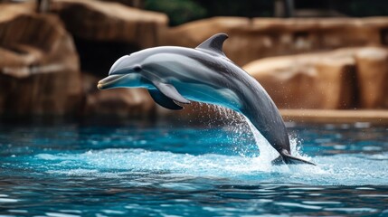 Obraz premium Grey Dolphin Leaping in Blue Water