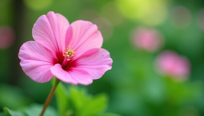 Obraz premium Pastel pink petals unfolding on a lush green stem, gardening, pink geranium flower