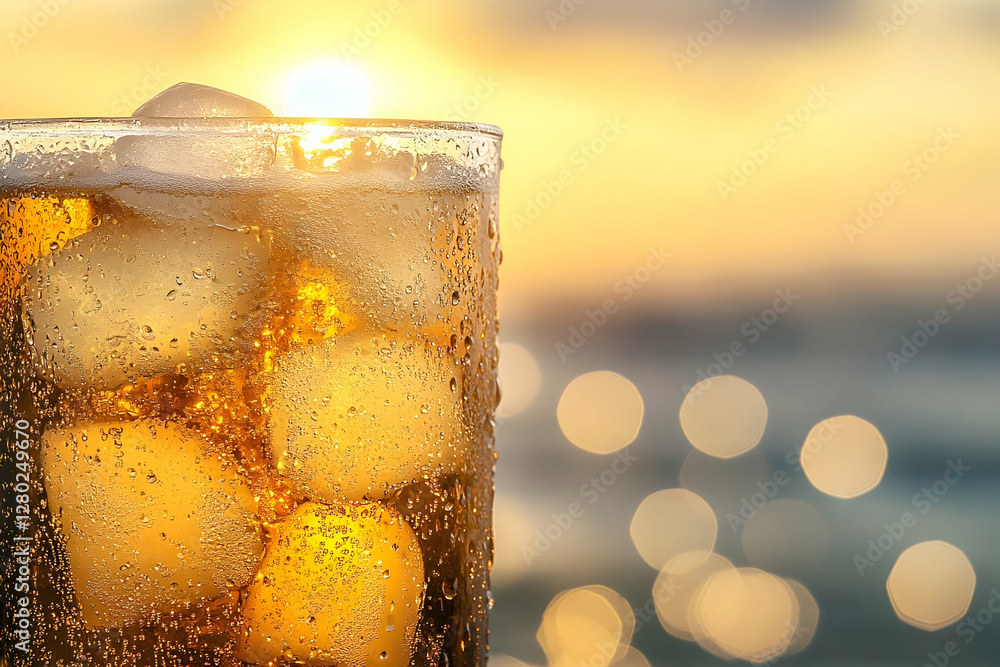 Poster refreshing cola with ice cubes against a mesmerizing sunset backdrop