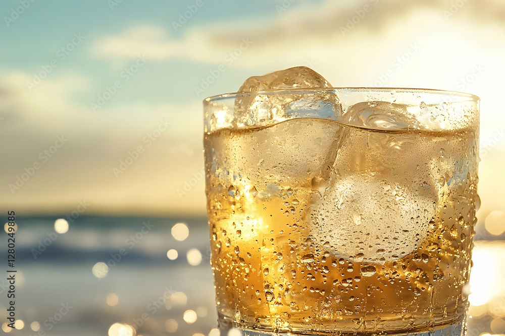 Aufkleber refreshing ice-cold beverage against a serene beach backdrop creating a tranquil and inviting ambian