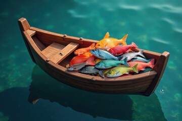 Obraz premium Small wooden boat overflowing with colorful fish, vibrant hues , coral reef, scales, tropical