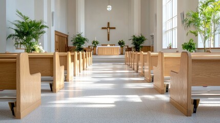 Empty Church Interior Sunlight, Religious Venue, Peaceful Atmosphere, Stock Photo