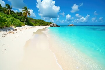 Turquoise water laps white sand beach at Long Bay, Anguilla , waves, sandbar