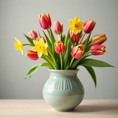 Vibrant spring tulips and narcissus in a ceramic vase on a table , narcissus, flowers, light