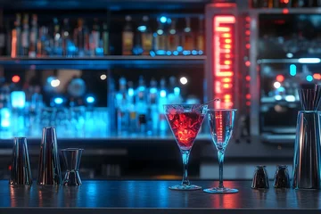 Elegant cocktails and bar tools on a vibrant counter illuminated with neon lights