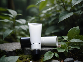 White Cosmetic Tube on Stone with Leaves – Natural Plant-Based Skincare Mockup