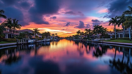 Fototapeta premium Vibrant Sunset Over Tropical Canal Waterfront Homes