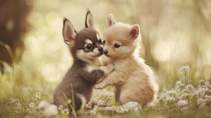 Two Adorable Puppies Embrace in a Sunny Field
