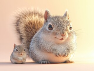 Fototapeta premium Two Fluffy Squirrels Sitting Together Against a Light Beige Background