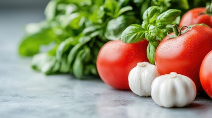 Fresh tomatoes and basil on a countertop