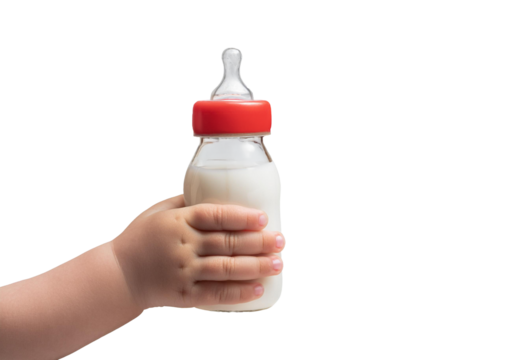 Baby's hand holding a milk bottle Isolated on transparent or white Background, top view, close up