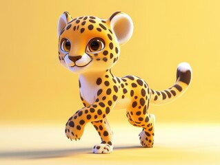 Adorable Cheetah Cub Walking on Yellow Background