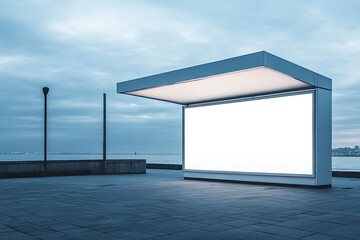 Empty billboard kiosk by the waterfront at twilight