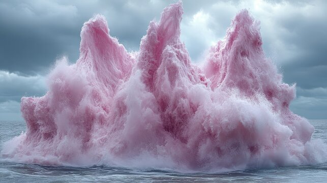 Pinkish aquatic eruption a symbolic representation of femininity and new beginnings against a moody celestial backdrop of muted tones