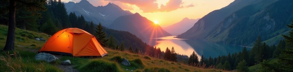 Sunrise illuminates tents nestled in a lush forest valley near a lake and mountains , woods, getaway