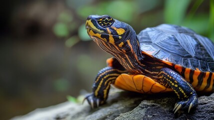 Closeup of a Black and Orange Turtle on a Rock