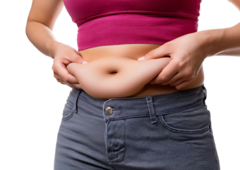 Cropped Unretouched Photo of Girl Belly with Fat Folds Isolated on Transparent or White Background