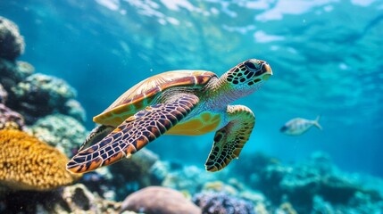 Fototapeta premium Colorful Sea Turtle Swimming in Vibrant Coral Reef