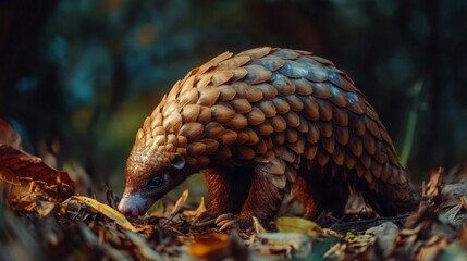 Obraz premium Brown Scaly Pangolin Foraging on Forest Floor at Dusk