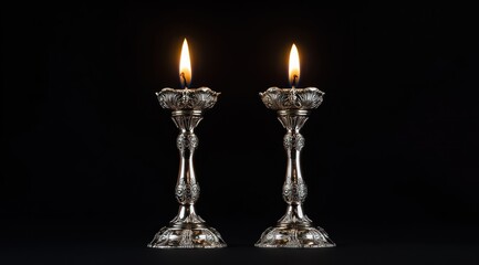 Fototapeta premium Two silver candlesticks with burning candles on black background.