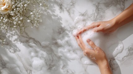 Fototapeta premium Woman's Hands Washing with Luxurious Foaming Soap on Marble Surface