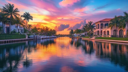 Fototapeta premium Spectacular Sunset over Luxurious Waterfront Homes