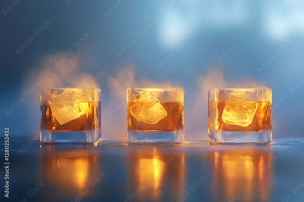 Poster three glasses of whiskey with ice cubes, illuminated in golden hues creating a serene and inviting a